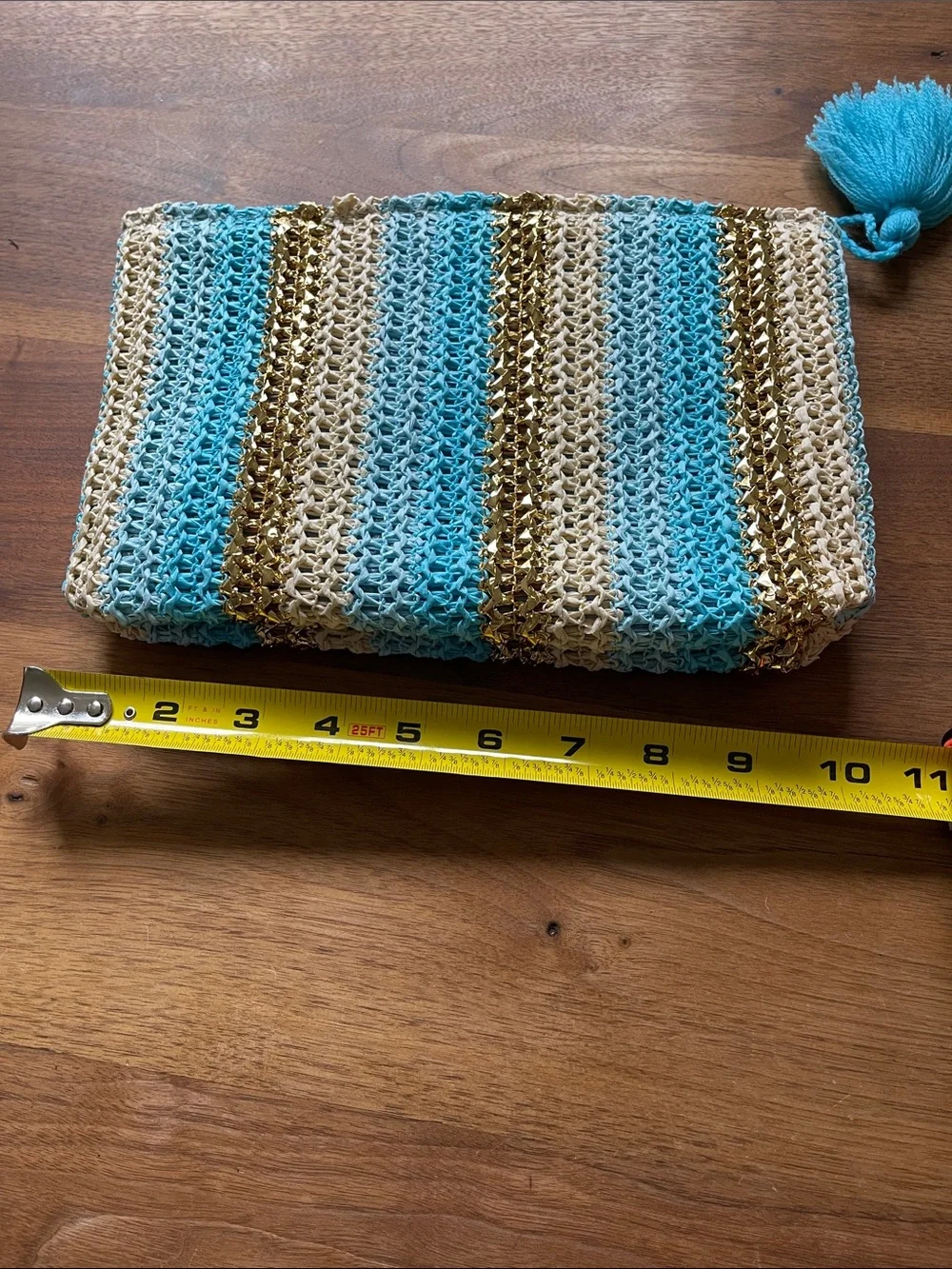 Shiraleah Chicago Striped Crochet straw Tassel Clutch - Aqua, Gold & Cream